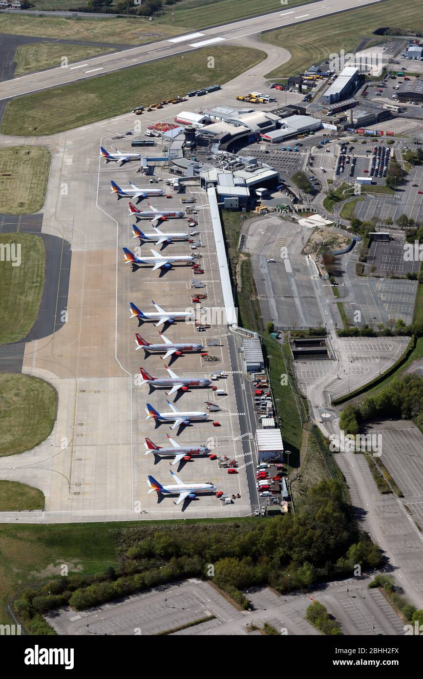 aerial view of Leeds Bradford Airport in lock-down during the Covid-19 pandemic, April 2020 Stock Photo