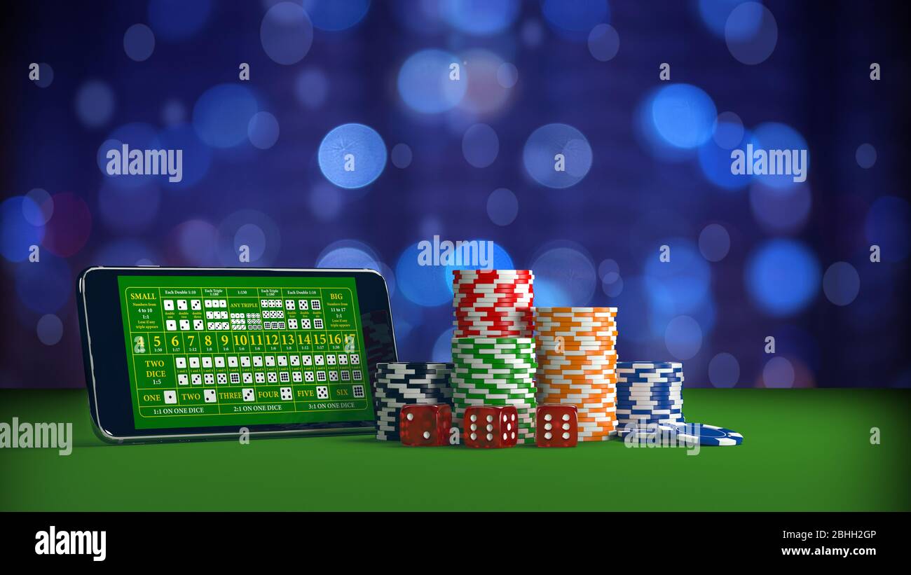 Online casino gambling concept with smartphone, poker chips and dice. 3d illustration Stock Photo
