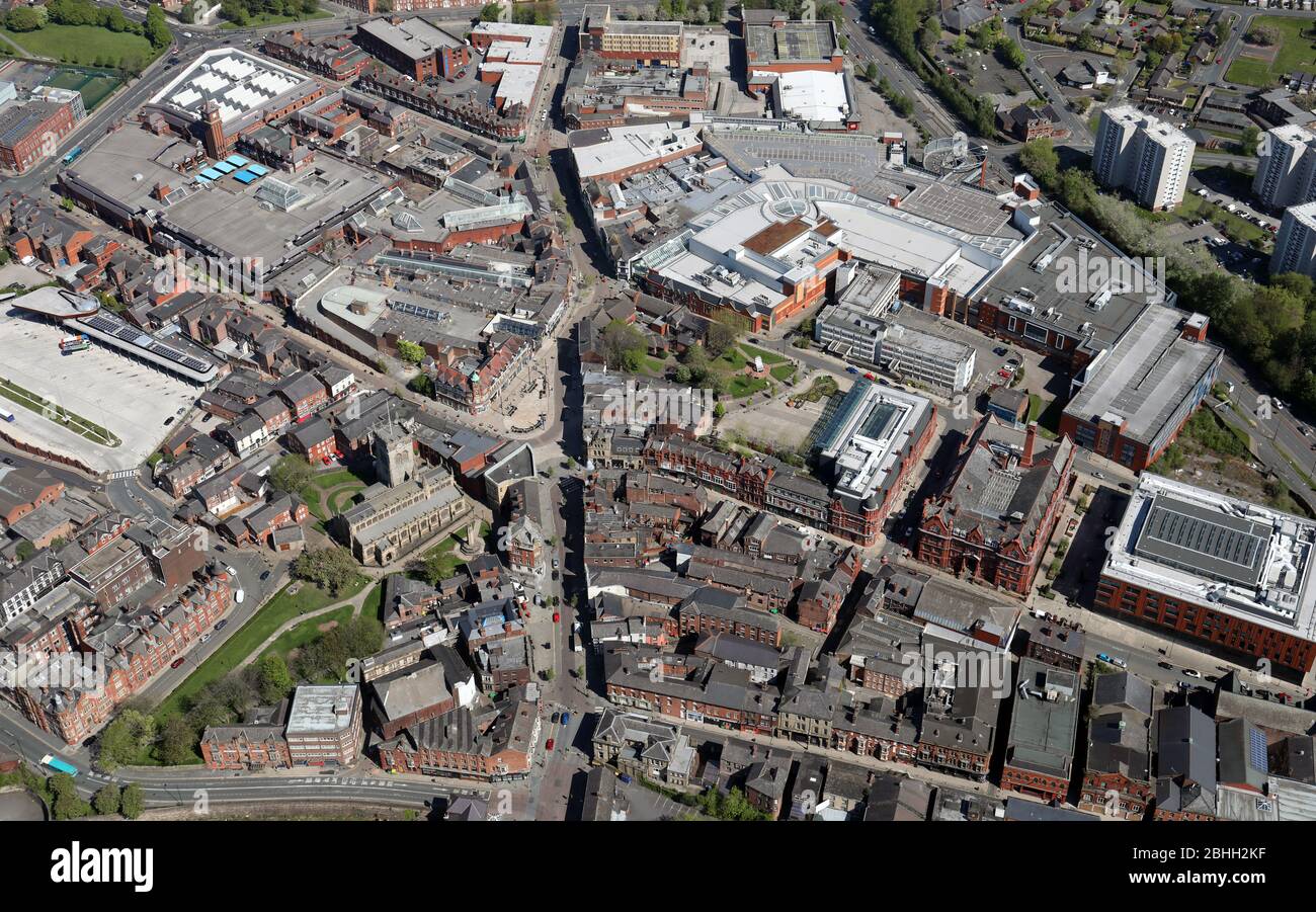 aerial view of Wigan town centre looking north up Wallgate, Market Place & Standishgate Stock Photo