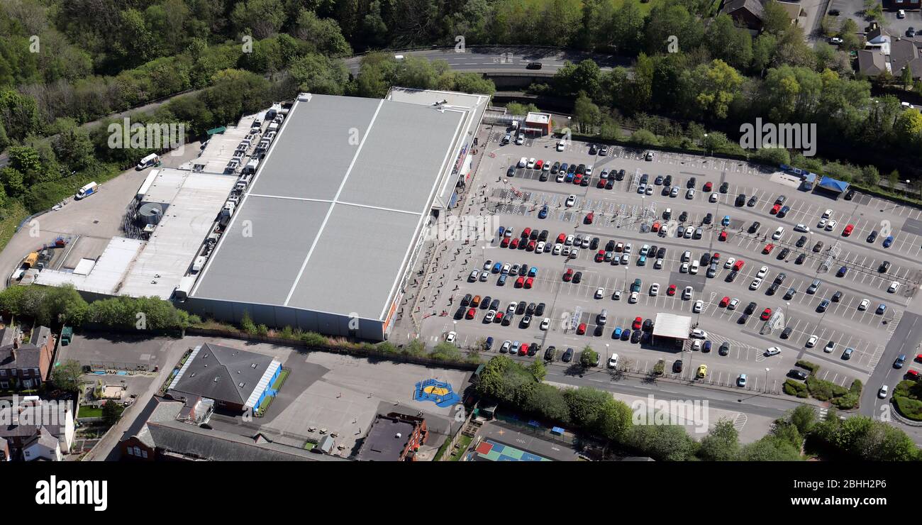 aerial view of the Tesco Extra supermarket at Central Park Way, Wigan, Lancashire Stock Photo