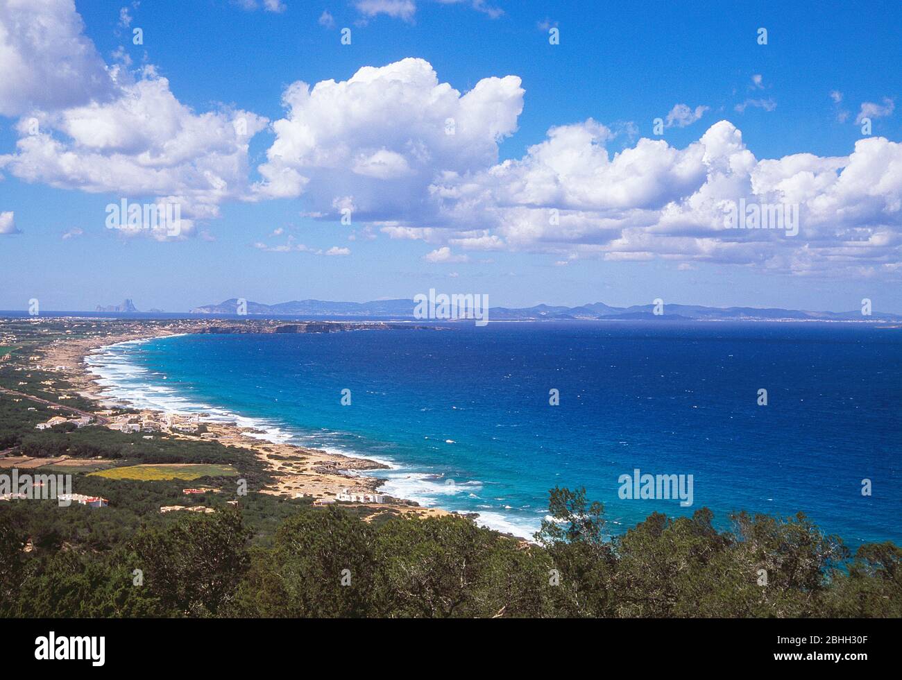 Overview of Es Calo and Tramuntana beach from La Mola. Formentera, Balearic Islands, Spain. Stock Photo
