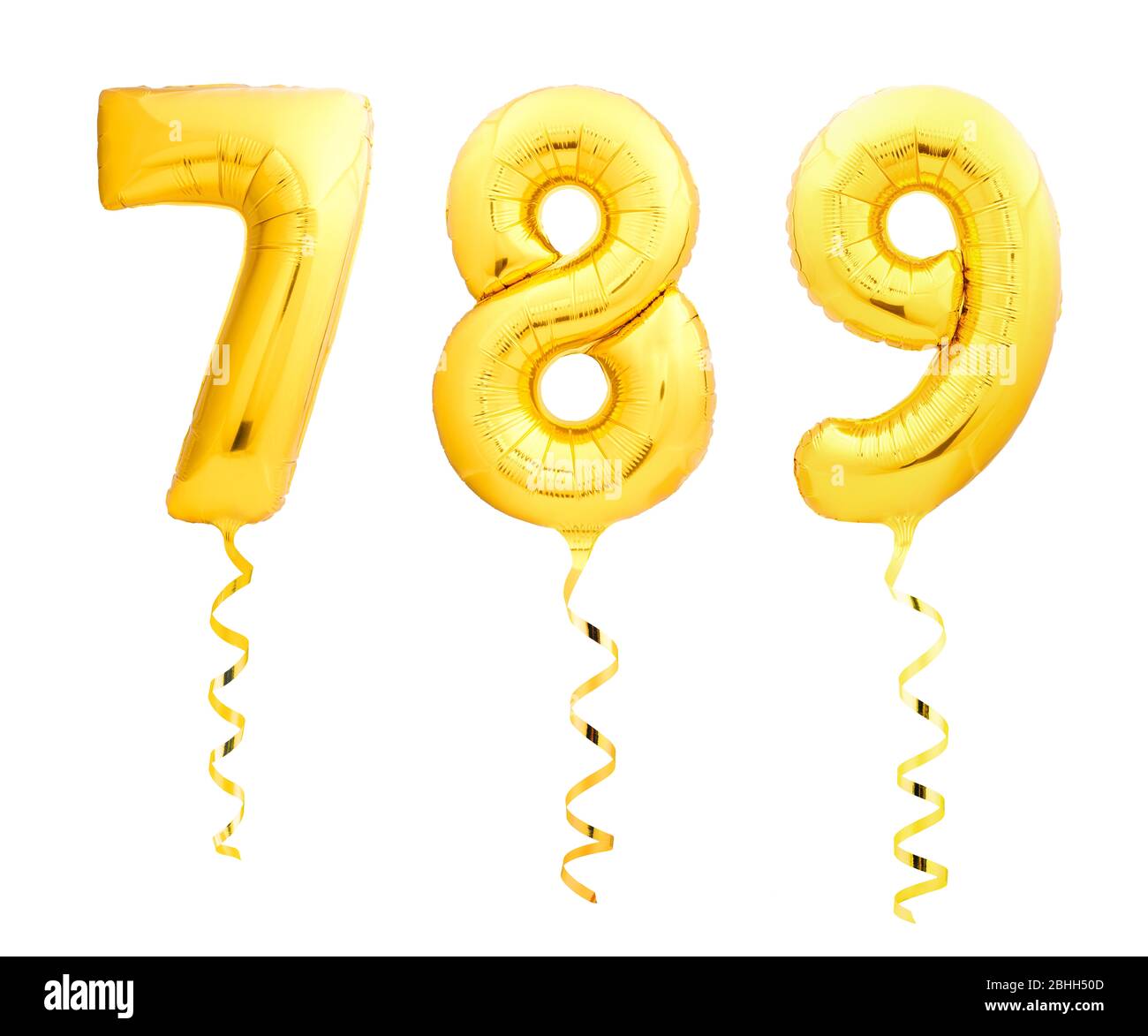 Golden numbers 7, 8, 9 made of inflatable balloons with golden ribbons isolated on white Stock Photo