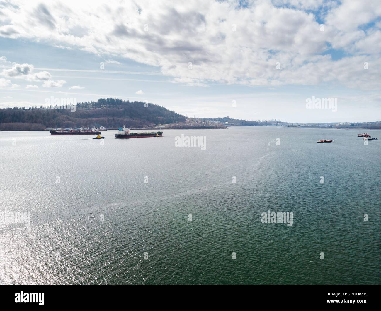 Aerial shot of a oil tanker in Burrard Inlet with near the Parkland refinery. Stock Photo