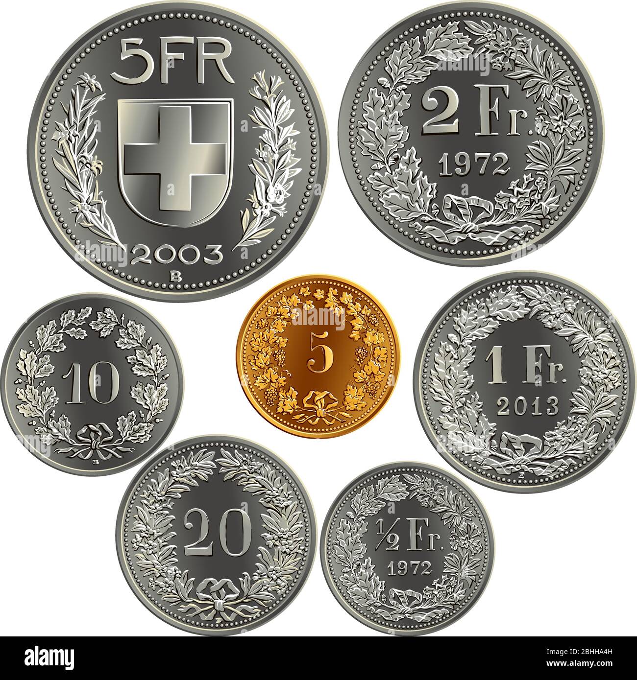 Set of Swiss Francs money, official coin in Switzerland, reverse faces with federal coat of arms, value, year, branches of plants Stock Vector