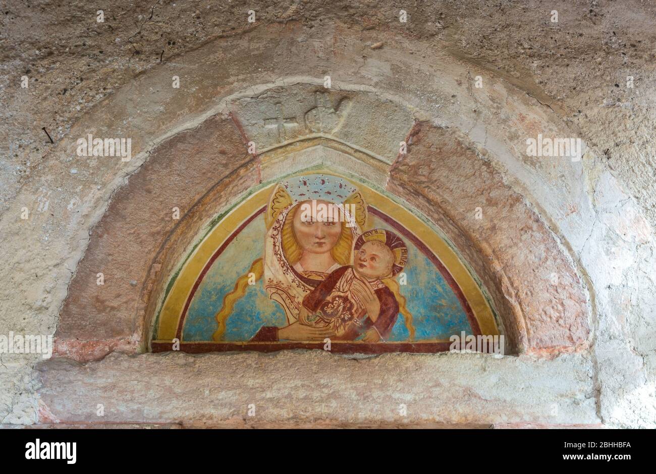 Valuable medieval frescoes in the Church of San Marcello in Dardine, Province of Trento, Trentino Alto Adige, Italy - january 29, 2019 Stock Photo