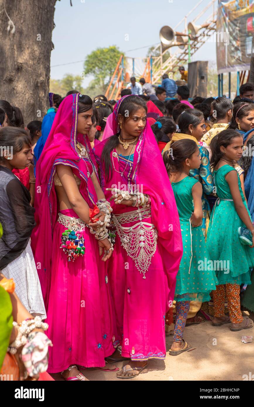 Jhabua / India 8 March 2020 Tribal women gathered during the Bhagoria tribal festival also known as Bhagoria Haat Festival at Jhabua districts Madhya Stock Photo