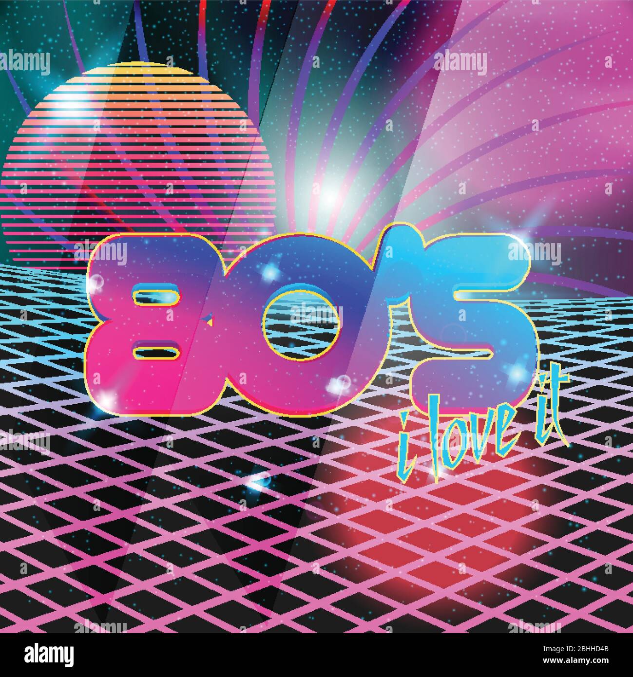 Retro style 80s disco design neon. Landscape with grid of 80s styled