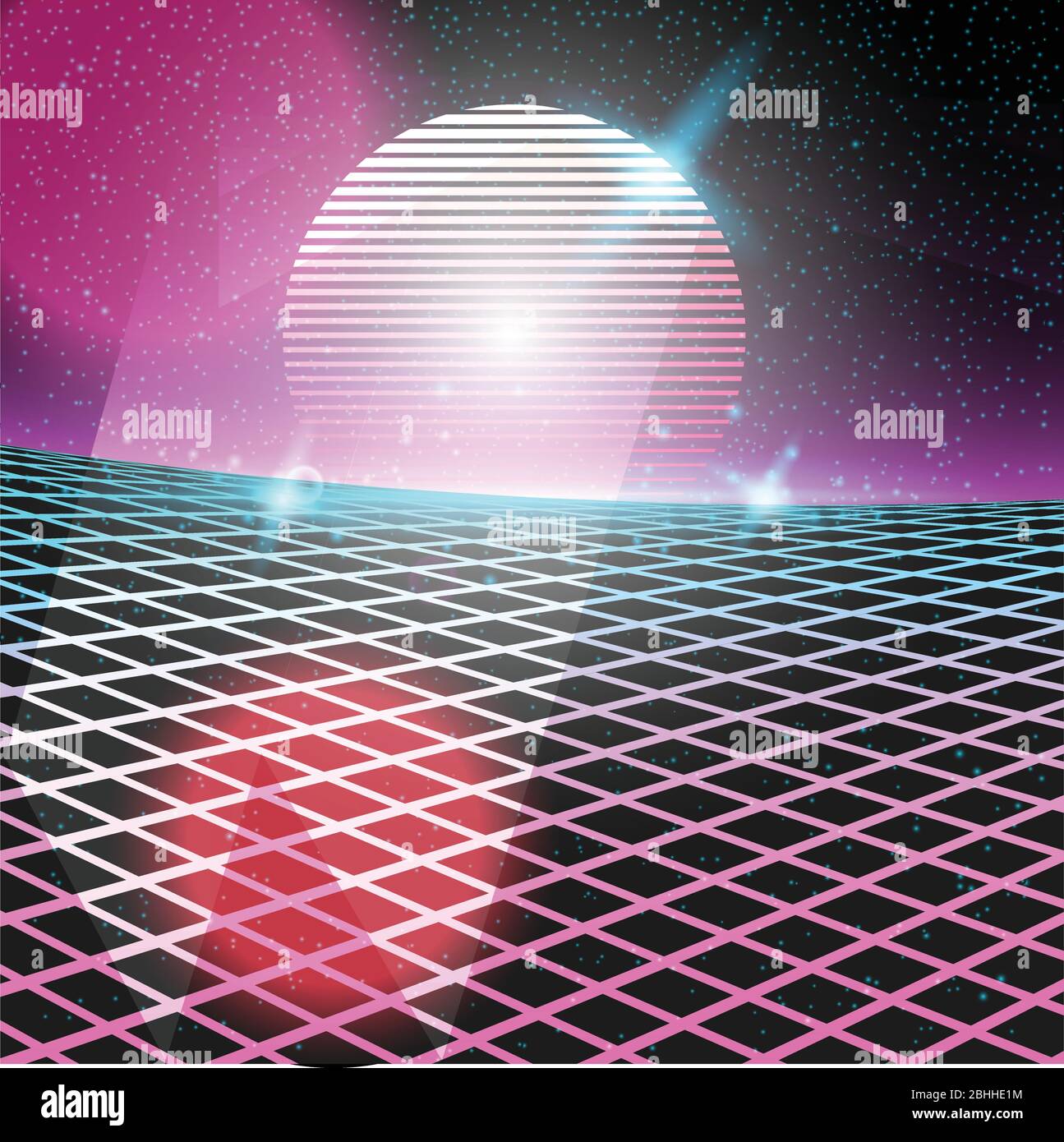 Retro style 80s disco design neon. Landscape with grid of 80s styled retro Stock Vector