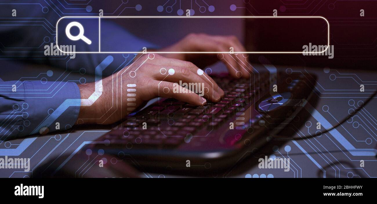 Blank search bar and male hands typing on keyboard Stock Photo - Alamy