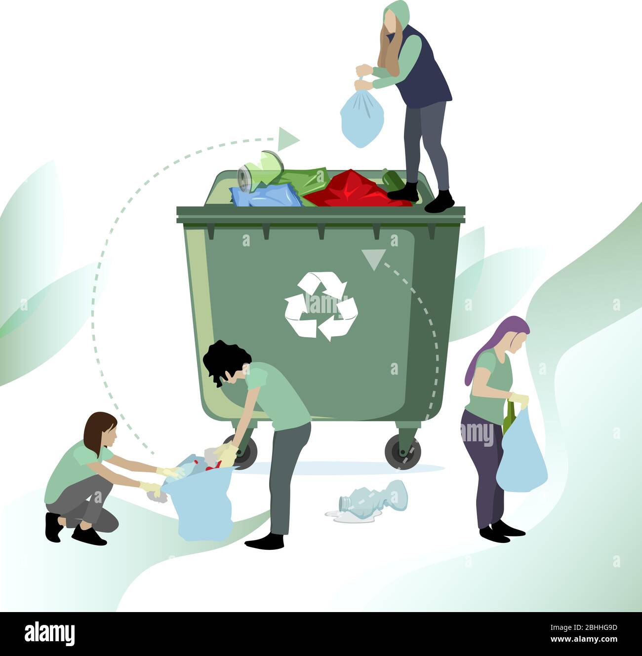 People collect and recycle garbage. Vector recycle waste plastic, illustration of ecology cleaning, volunteer throw and collecting trash Stock Vector