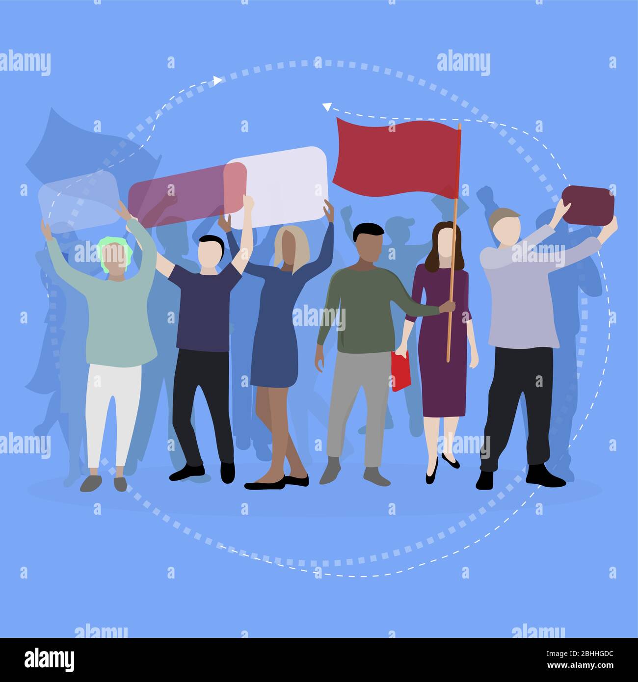 Crowd protesting people with banners and placards. Man woman in political meeting, parade and rally. Male female protesters activists. Vector illustra Stock Vector