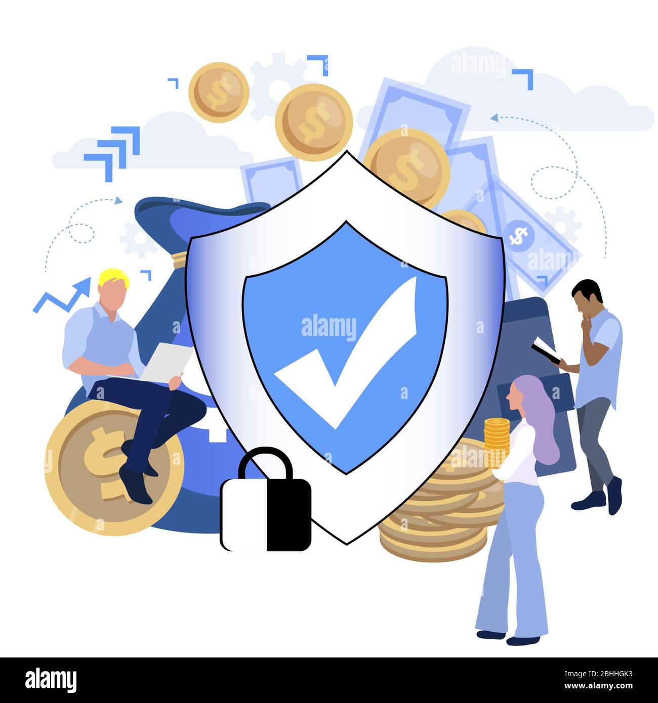 Financial protection and safety, financial saving insurance. Vector illustration. Business insurance, safe and protect money, safety shield, reliable Stock Vector