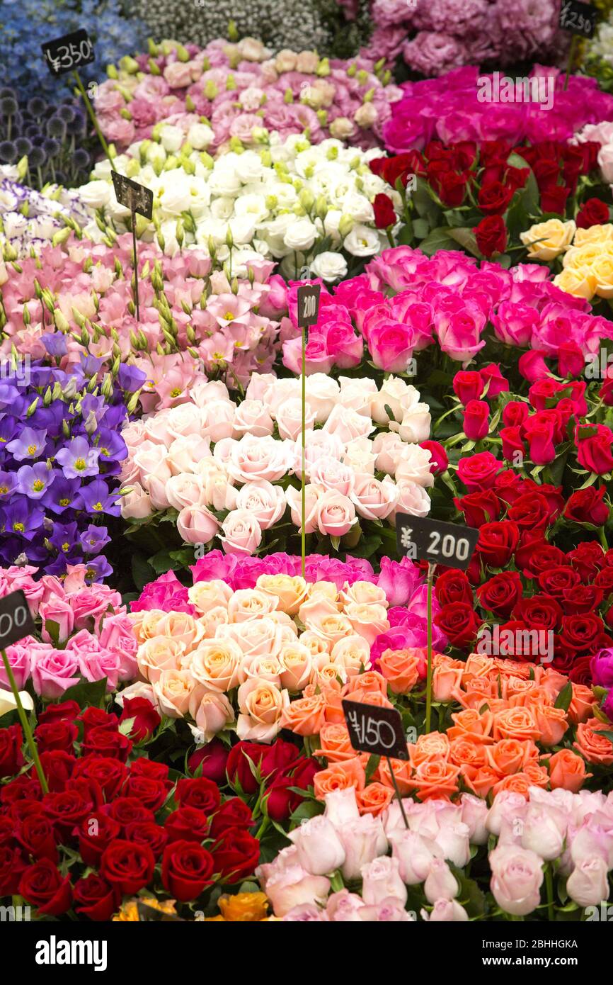 Flower market in Japan. Closeup showing and array of bouquets in