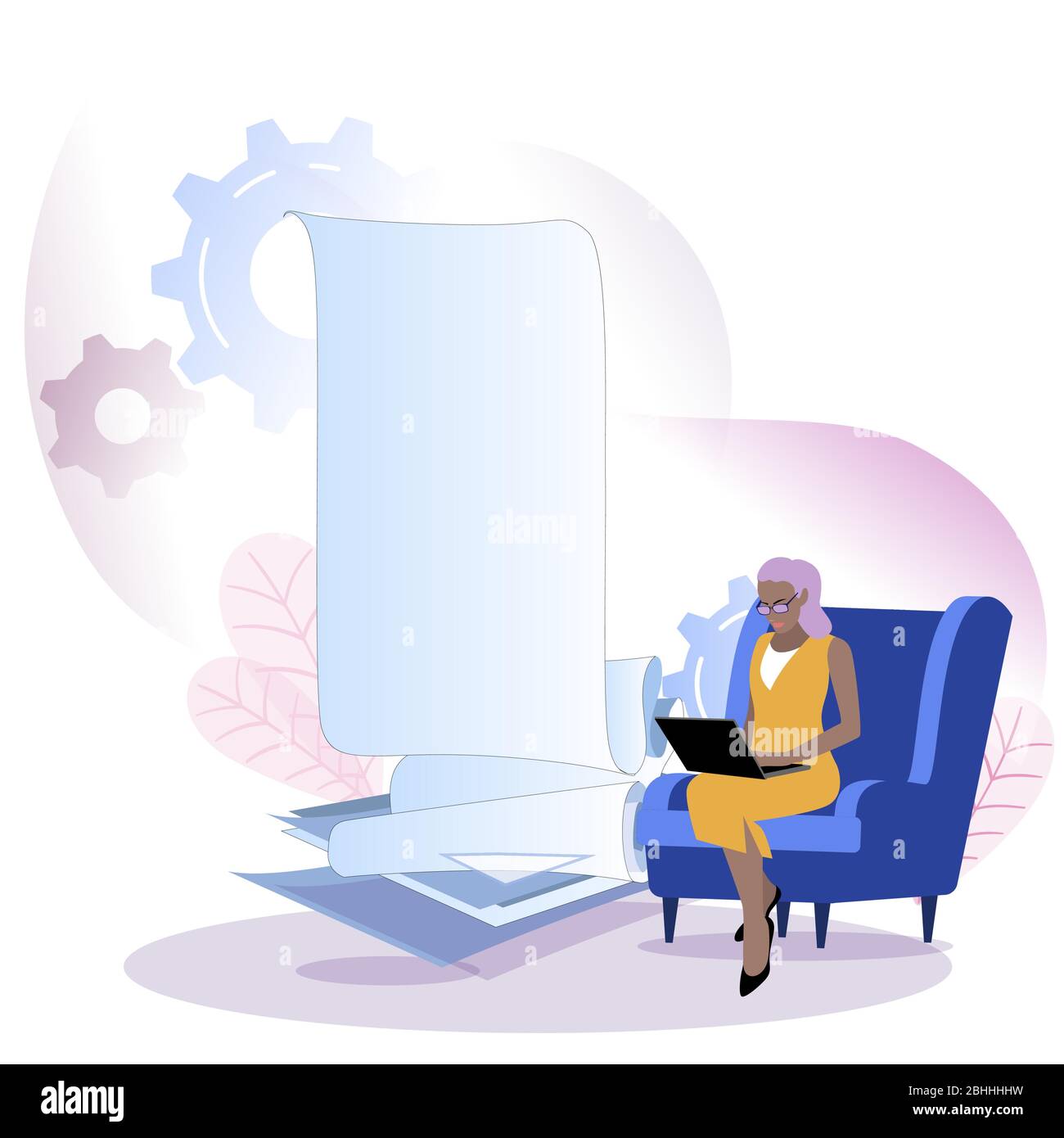 Writer woman creating new bestseller. Author journalist typing report, copywriter write content for media, blogger storytelling, freelance brainstormi Stock Vector