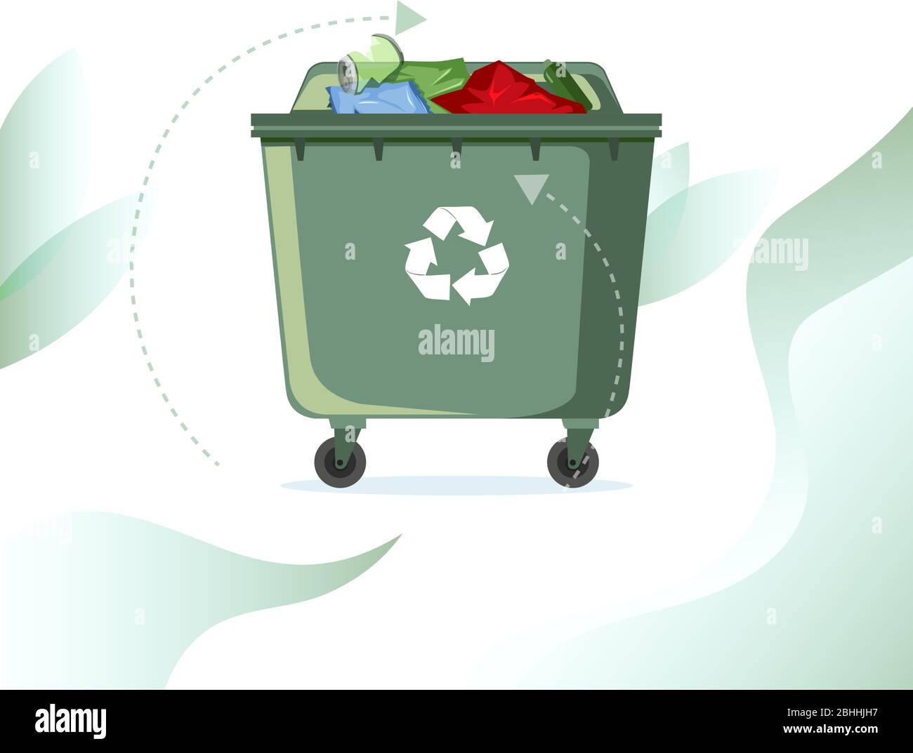 Rubbish street bin full with recycle symbol. Vector container waste, ecology recycle rubbish, garbage recycling, street dump overflowing illustration Stock Vector
