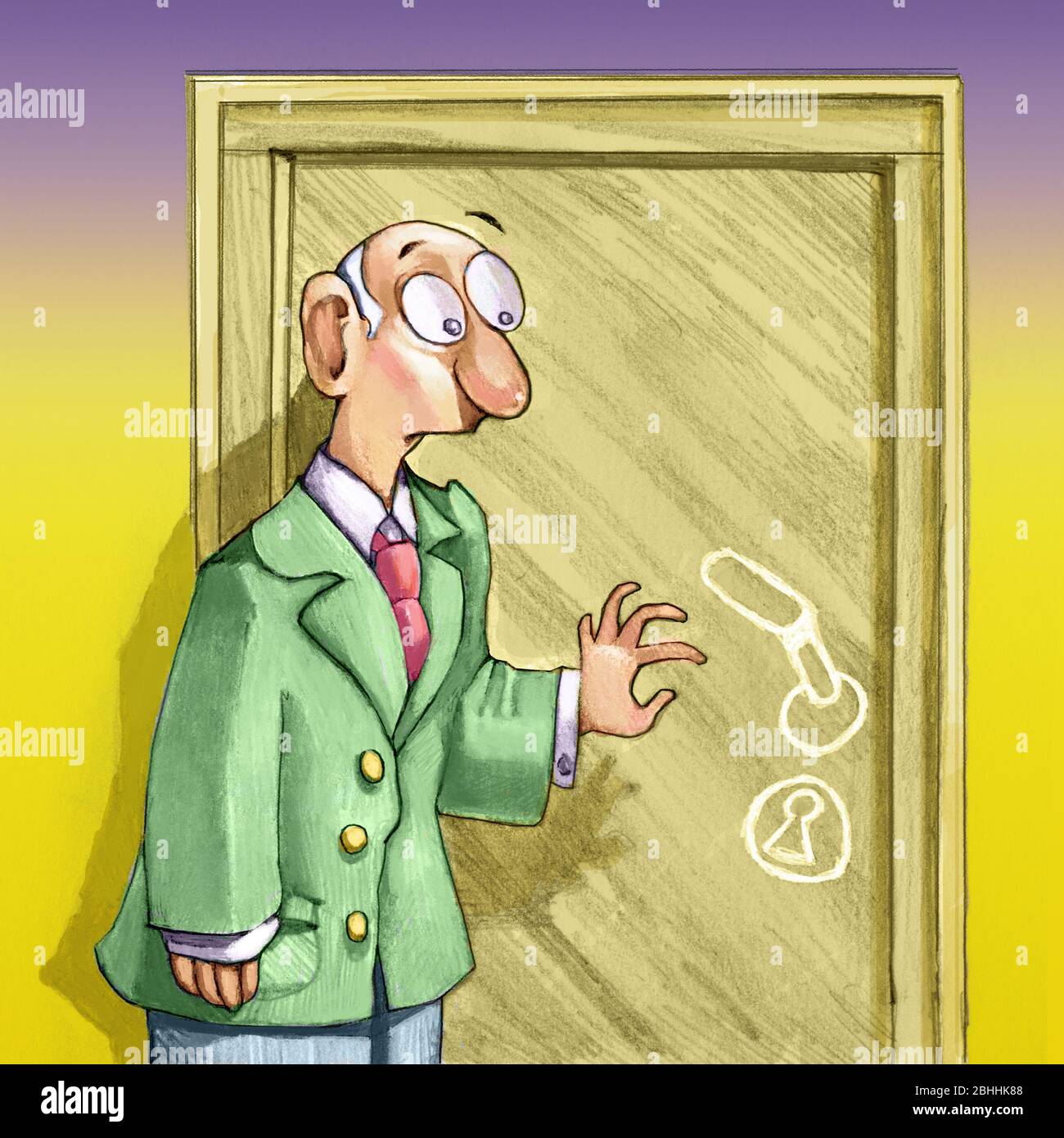 man with astonished expression fixes a door where the handle is not real but designed so he can not open it Stock Photo
