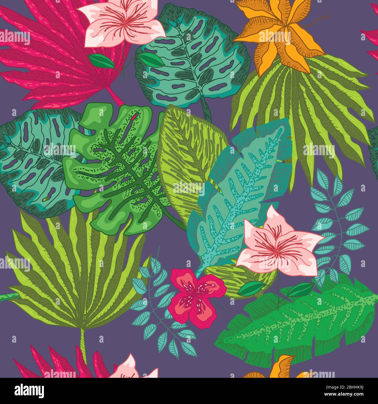 Hand drawn tropical vector pattern with exotic palm leaves, hibiscus ...