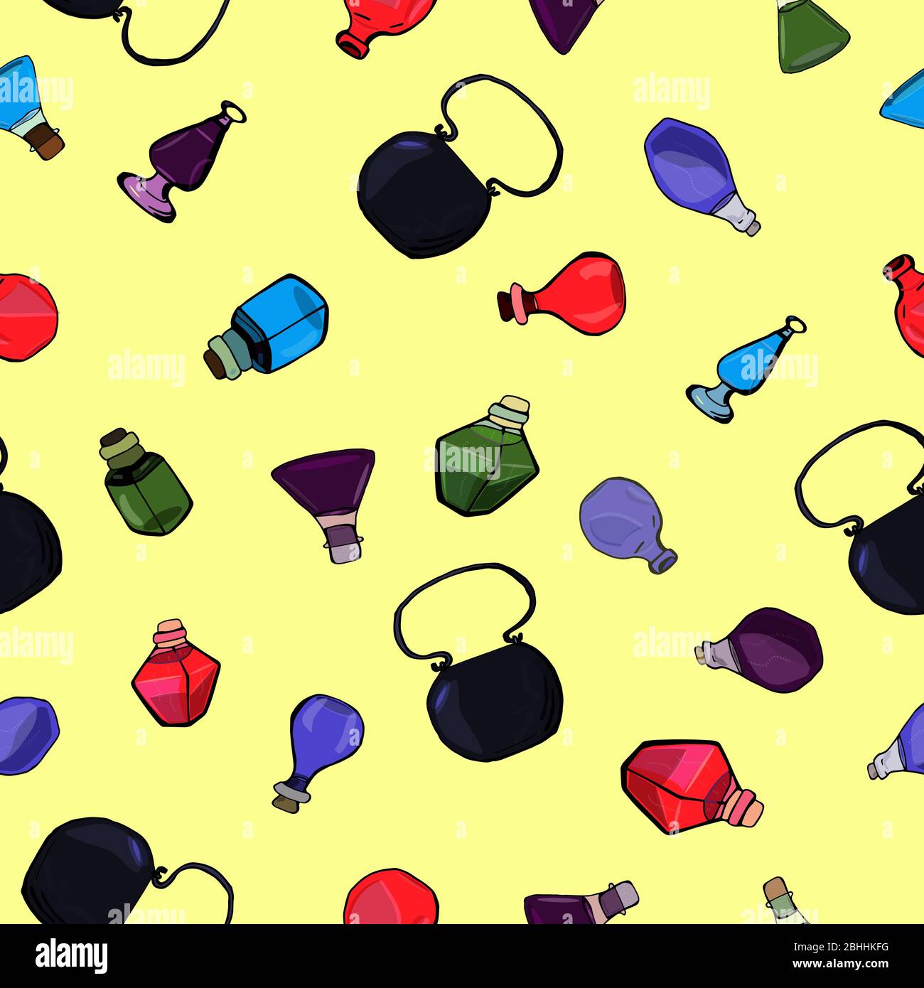 Cartoon alchemy flasks seamless pattern. Bright colors fantasy pattern. Stock Vector
