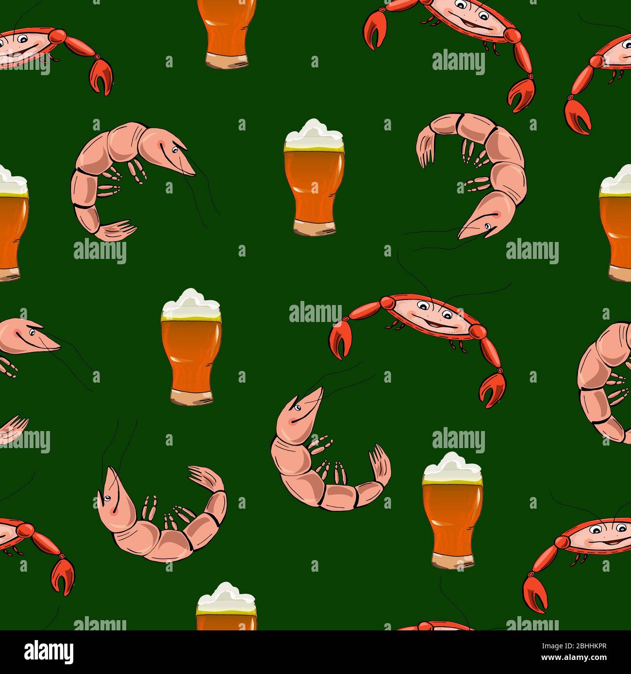 Funny shrimps. Seamless pattern. Snacks and light beer pattern. Food and beverage illustration. Stock Vector