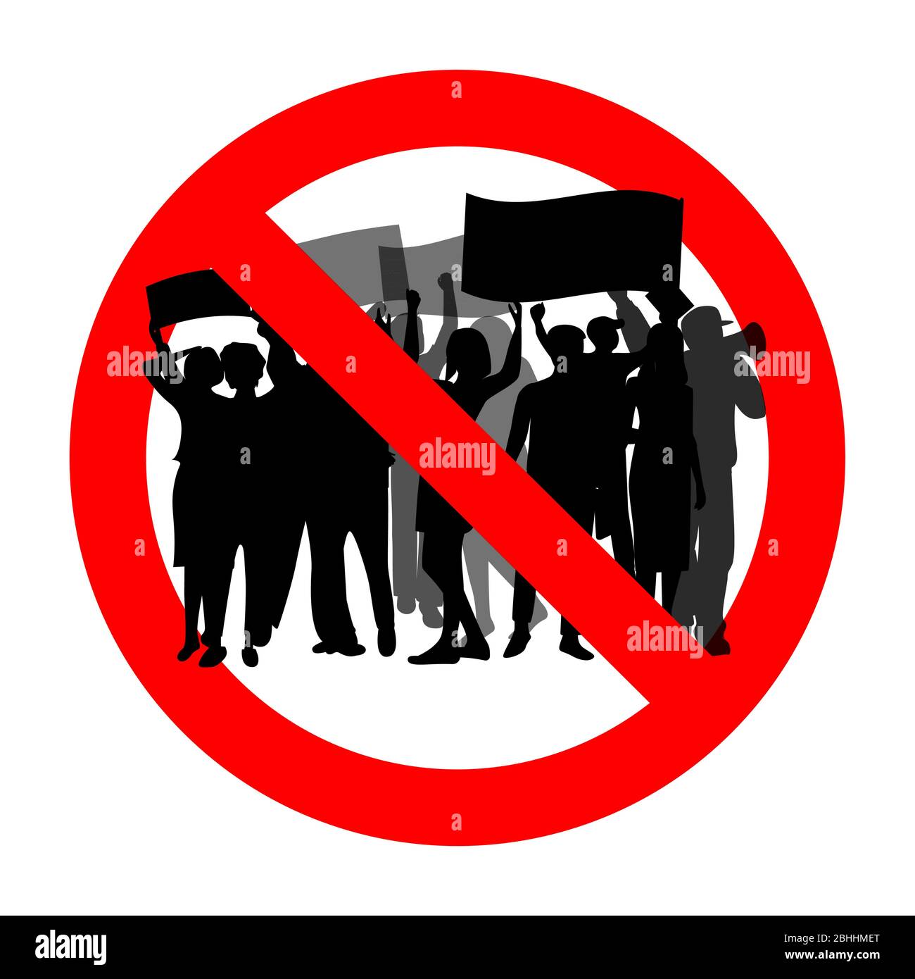Ban rally and demonstrations political meeting and parade. Vector prohibited protesting and demonstration, no fan and march, rule ban protester and pi Stock Vector