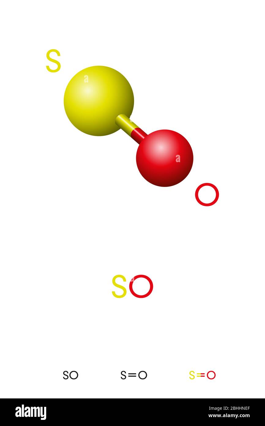 Sulfur monoxide, SO, molecule model and chemical formula. Sulfur oxide, an inorganic compound and colorless gas. Ball-and-stick model. Stock Photo