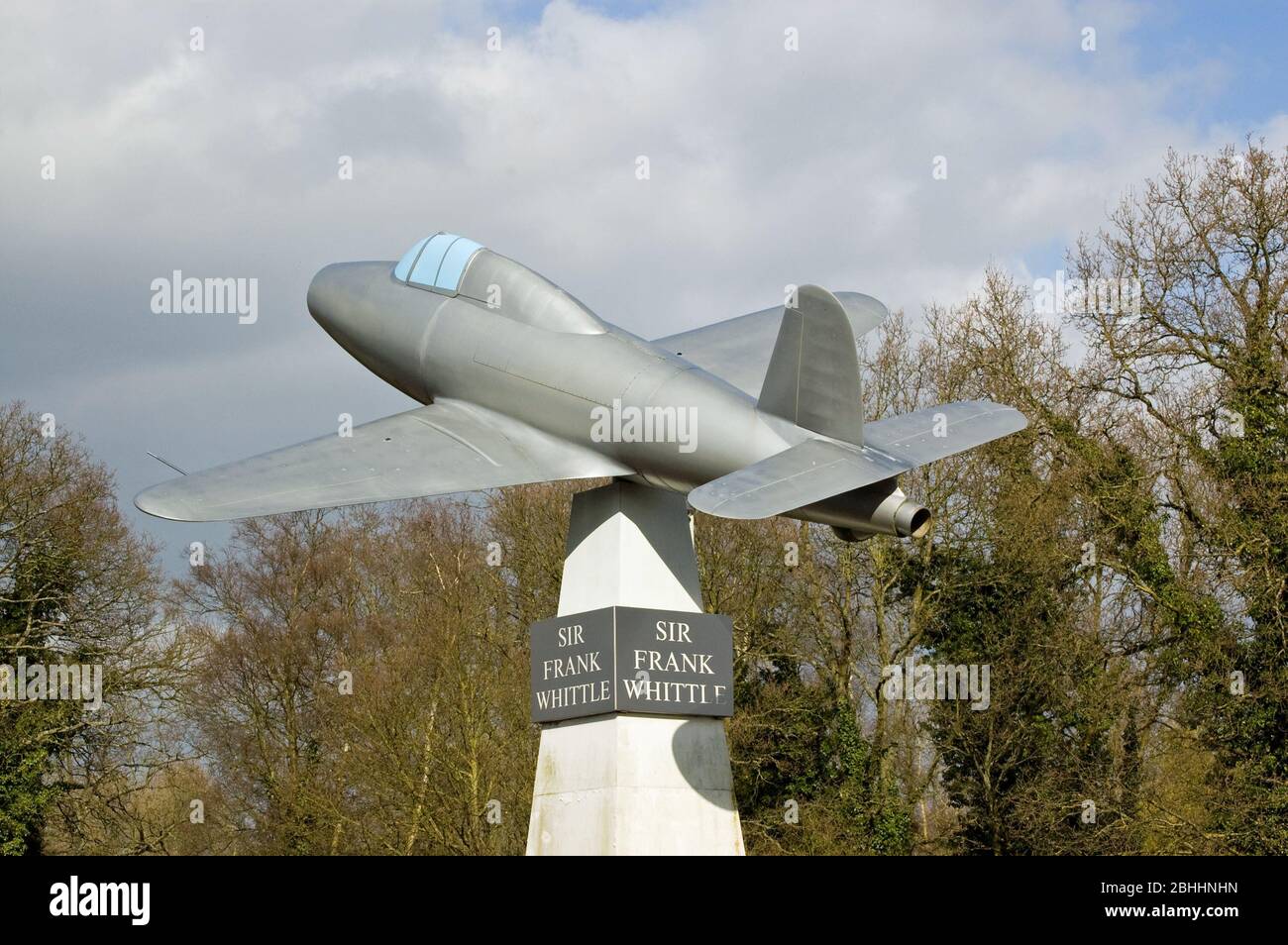 A memorial dedicated to the inventor of jet propulsion - Frank Whittle (1907 – 1996). Edge of Farnborough Airport is a full scale model of Britain's f Stock Photo