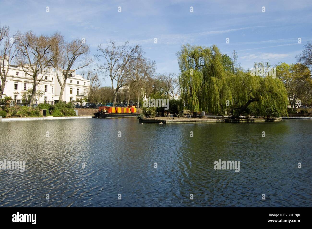 View of the part of West London known as Little Venice. The junction where the Grand Union and Regent's Canals meet in Paddington, West London is a hi Stock Photo