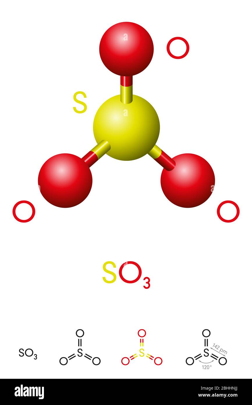 Sulfur trioxide, SO3, molecule model and chemical formula. Significant pollutant and primary agent in acid rain. Ball-and-stick model. Stock Photo