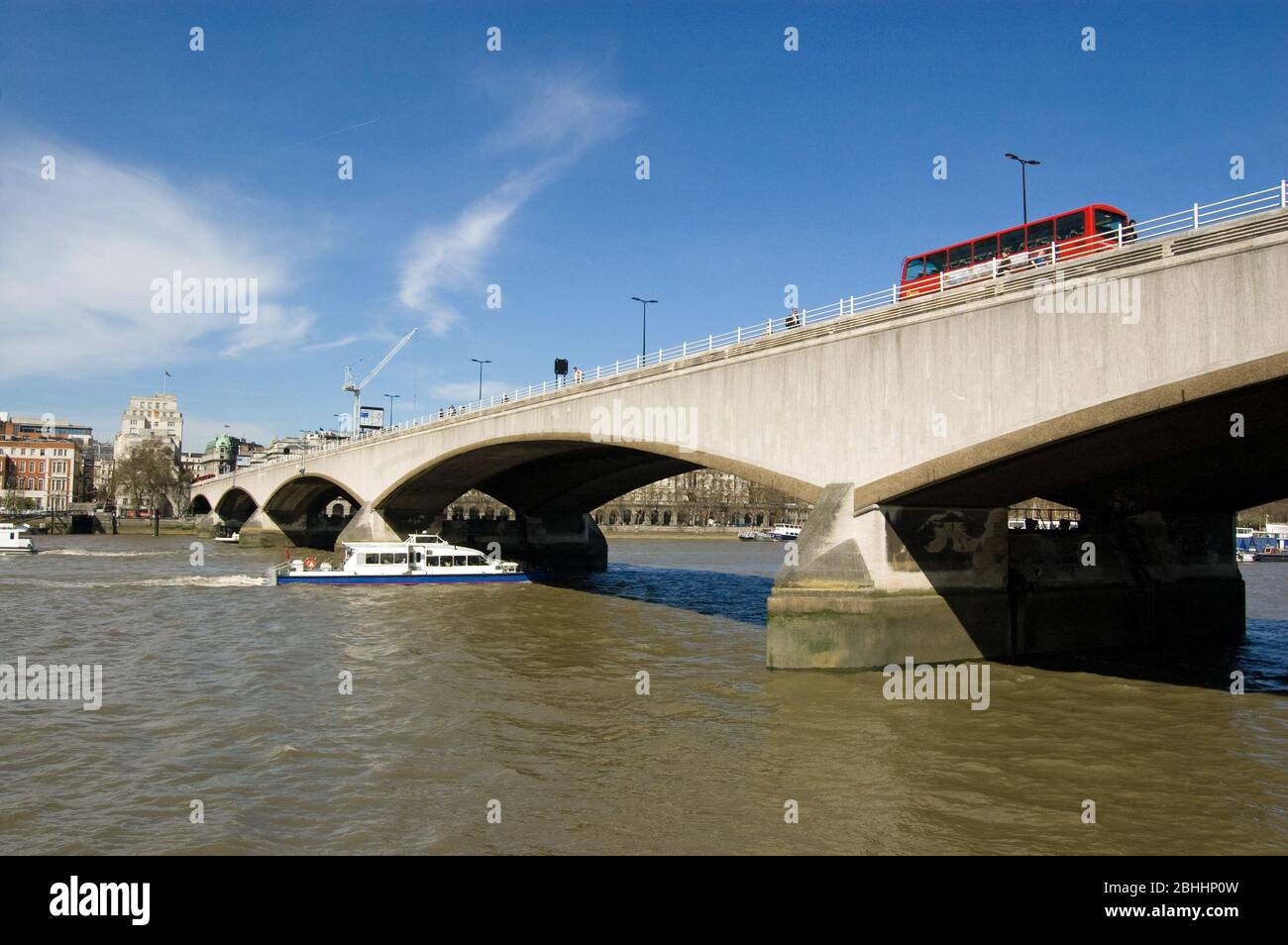 View from the South Bank of Waterloo Bridge over the River Thames. Stock Photo