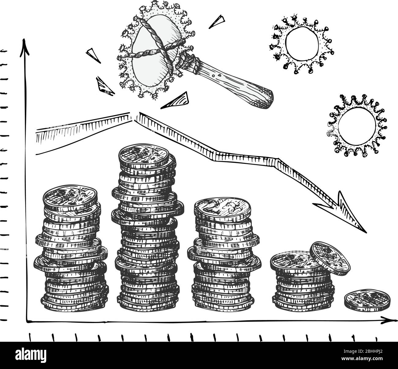 Design concept of economic and financial information agitational poster against coronavirus epidemic with hand-drawn graph of coins, falling market Stock Vector