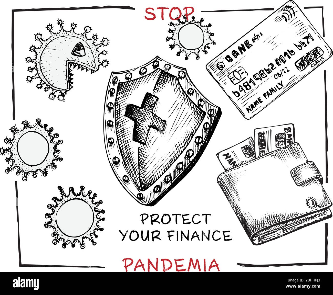 Design concept of economic and financial information agitational poster against coronavirus epidemic with text Stop pandemia Keep your finance healthy Stock Vector