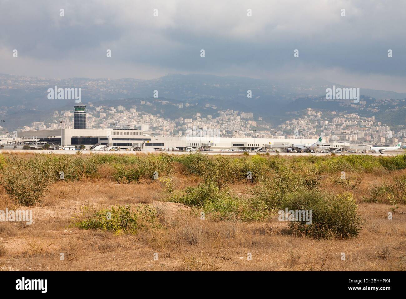 August 01, 2007: An overview of Beirut's Rafic Hariri Internation Airport (BEY), taken from airside and showing the Lebanese mountain range in the bac Stock Photo