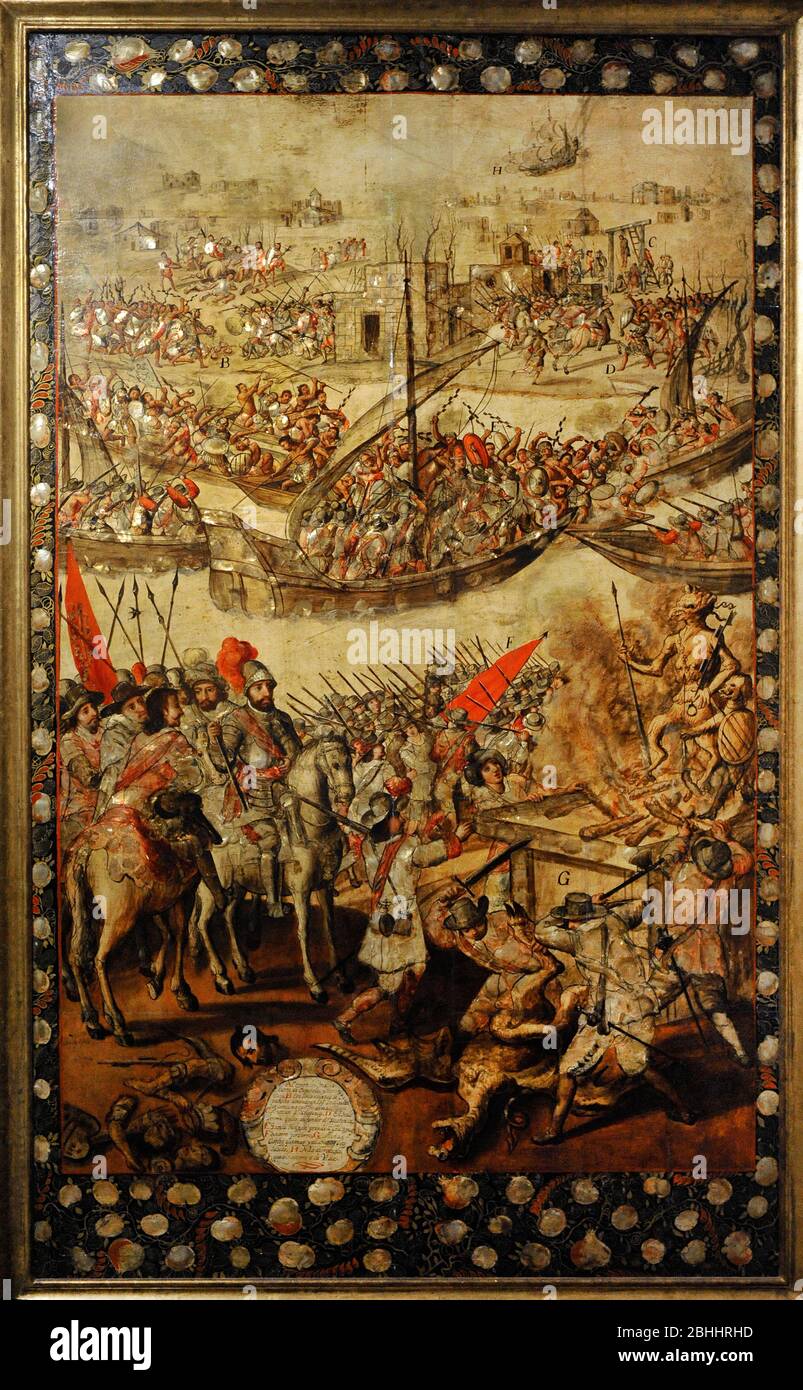 The Conquest of Mexico. Anonymous author. Table, oil, nacre