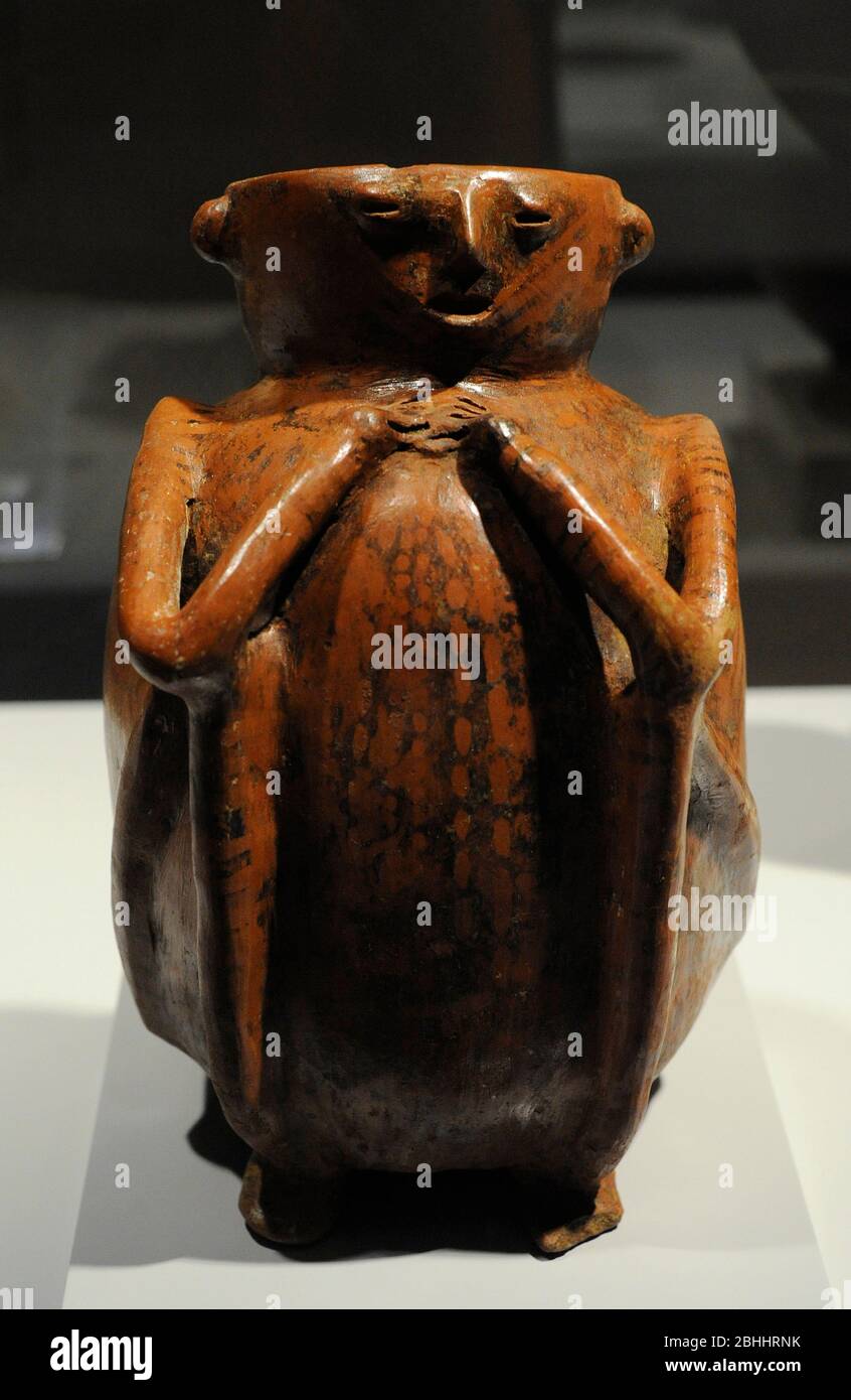 Calima culture. Pre-Columbia cultures from Cauca Valley, Colombia. Anthropomorphic vessel. Painted ceramic. Integration period (800-1500 AD). Museum of the Americas. Madrid, Spain. Stock Photo
