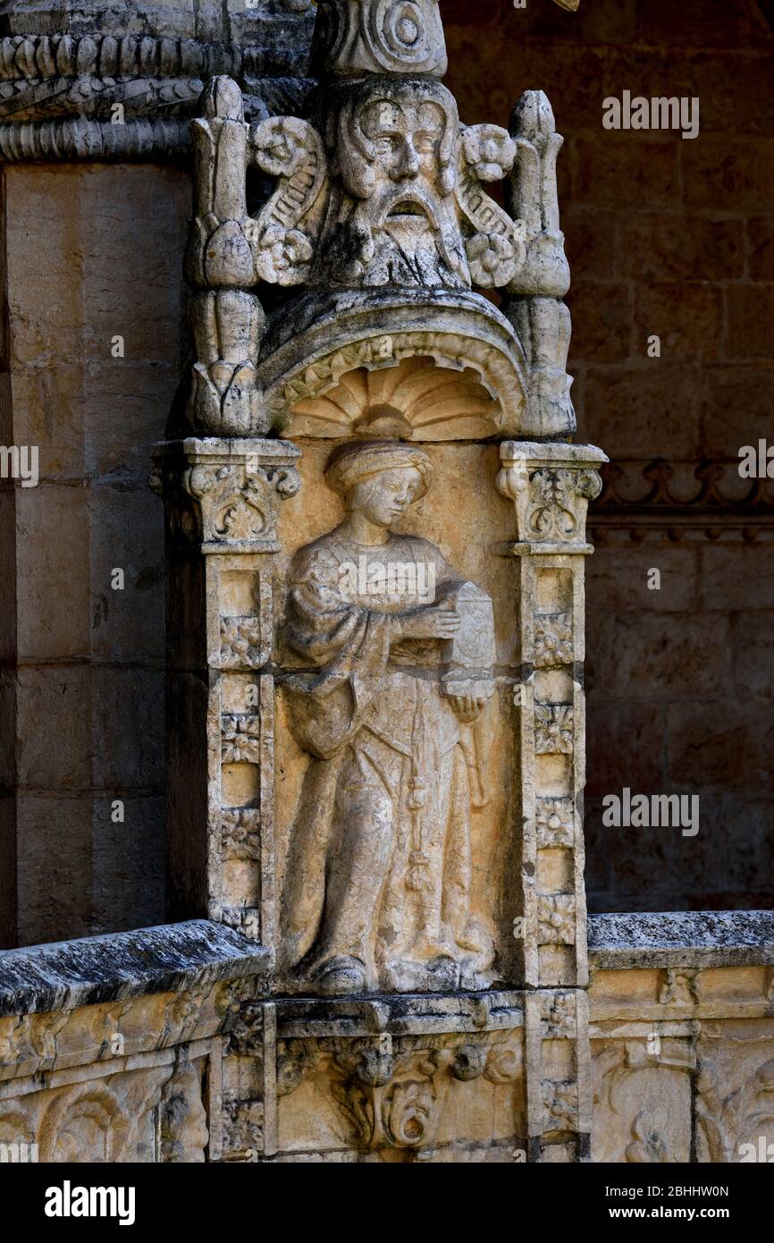 The Jerónimos Monastery (1469–1521)  Hieronymites Monastery, is a former cloister-convent of the Order of Saint Jerome near the Tagus river in the parish of Belém ( The monastery is one of the most prominent examples of the Portuguese Late Gothic Manueline style of architecture in Lisbon.) Portuguese, Portugal. Stock Photo