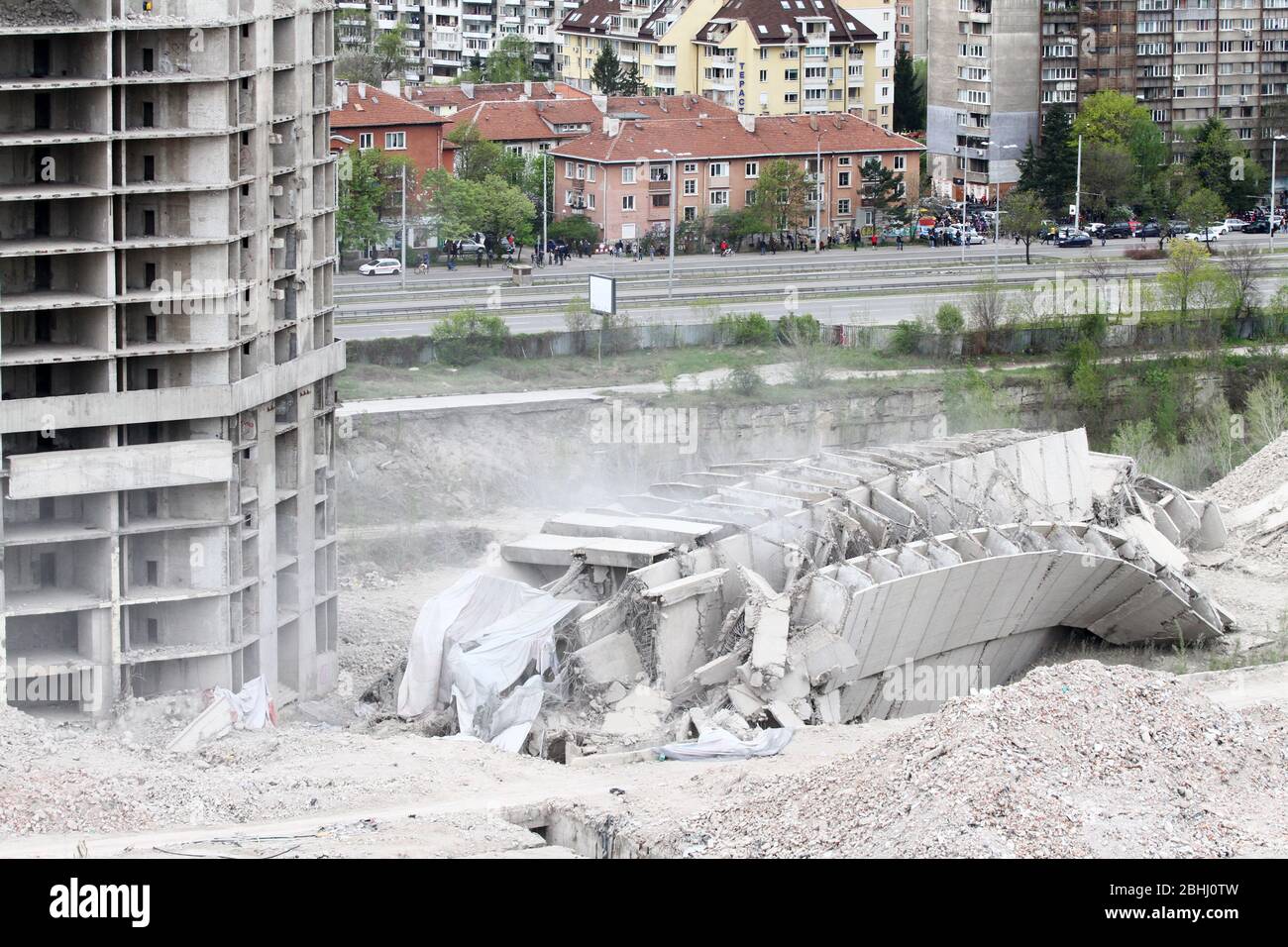Controlled explosion with blasts of a big building, printing press house IPK Rodina, in Sofia, Bulgaria on 04/26/2020 Stock Photo