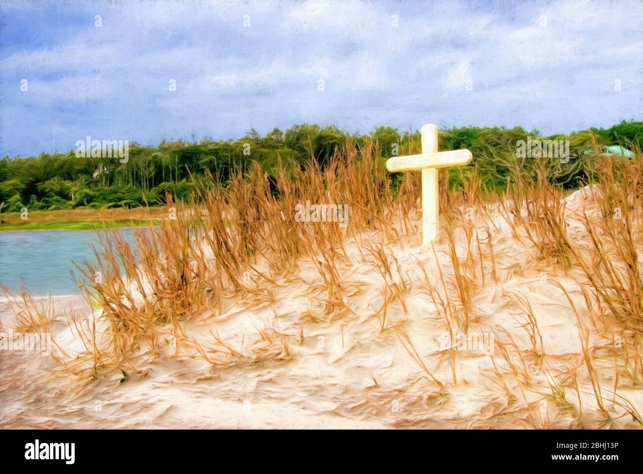 A wooden cross sits on top of a grassy sand dune at Pawleys Island South Carolina. This is digital art. Stock Photo