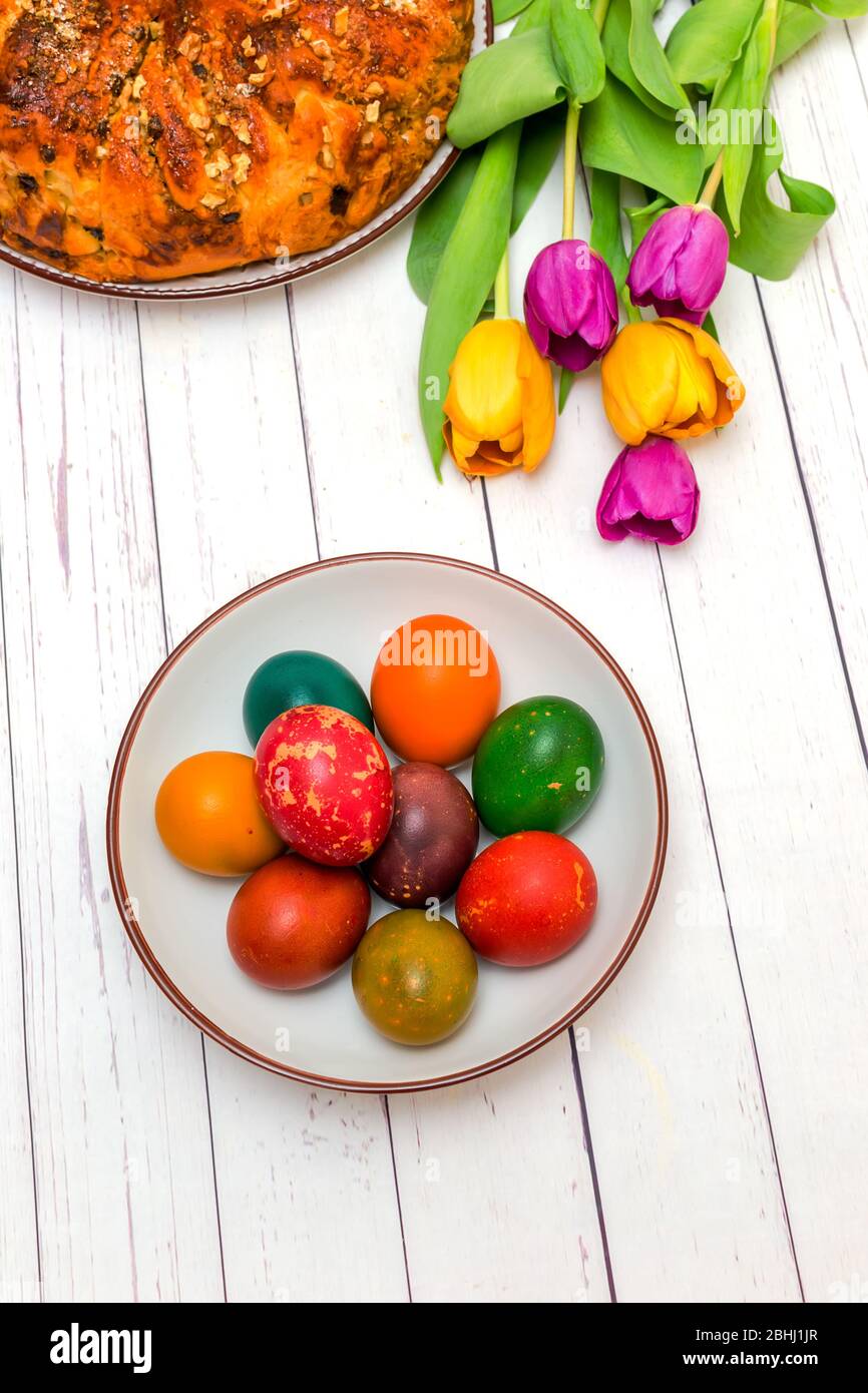 Painted eggs with different colors for Easter Stock Photo