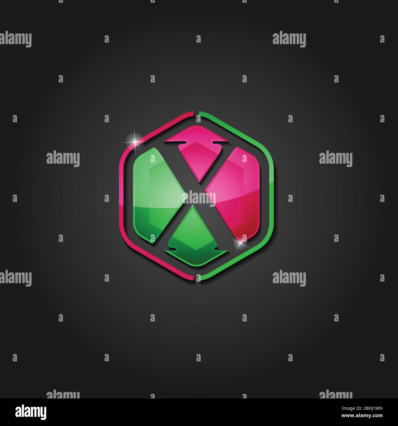 Hexagon letter X shiny colorful lettermark logo vector design isolated on the dark background Stock Vector