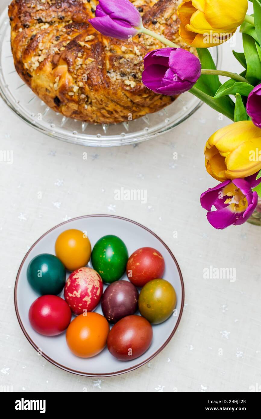 Painted eggs with different colors for Easter Stock Photo