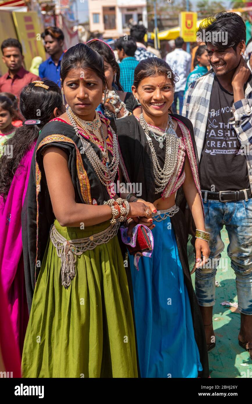 Alirajpur / India 9 March 2020 Indian bhil tribal women wearing silver jewellery during Bhagoria Festival Alirajpur districts Madhya Pradesh India Stock Photo