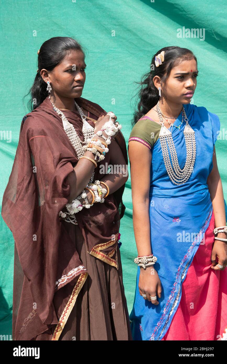 Alirajpur / India 9 March 2020 Indian bhil tribal women wearing traditional silver jewellery during Bhagoria Festival at Alirajpur districts Madhya Pr Stock Photo
