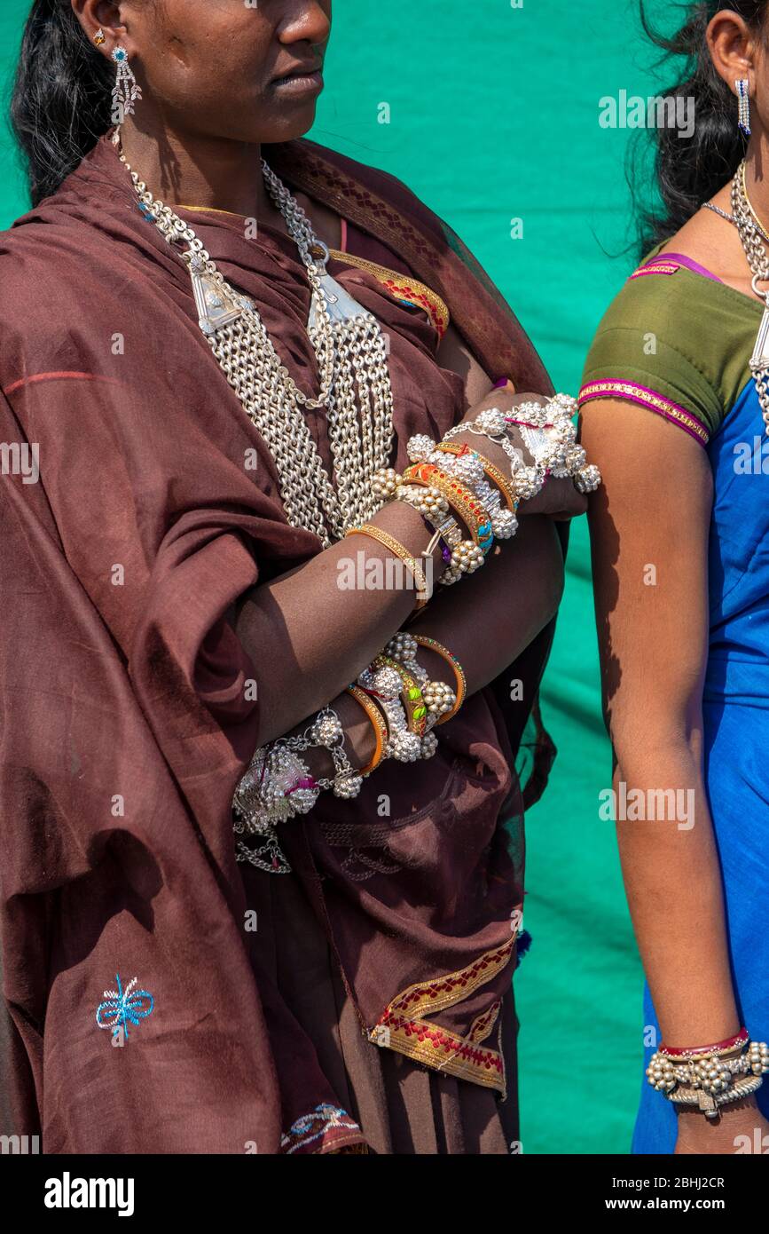 Alirajpur / India 9 March 2020 Indian bhil tribal woman wearing traditional silver jewellery during Bhagoria Festival at Alirajpur districts Madhya Pr Stock Photo