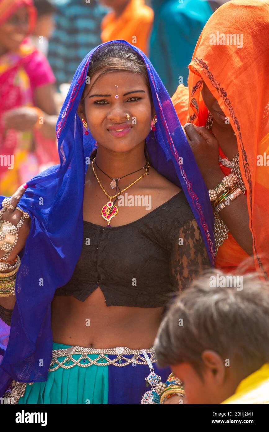 Alirajpur / India 9 March 2020 Many young girl walking in the Bhagoria fair dressed up in the form of a love proposition at Alirajpur districts of Mad Stock Photo