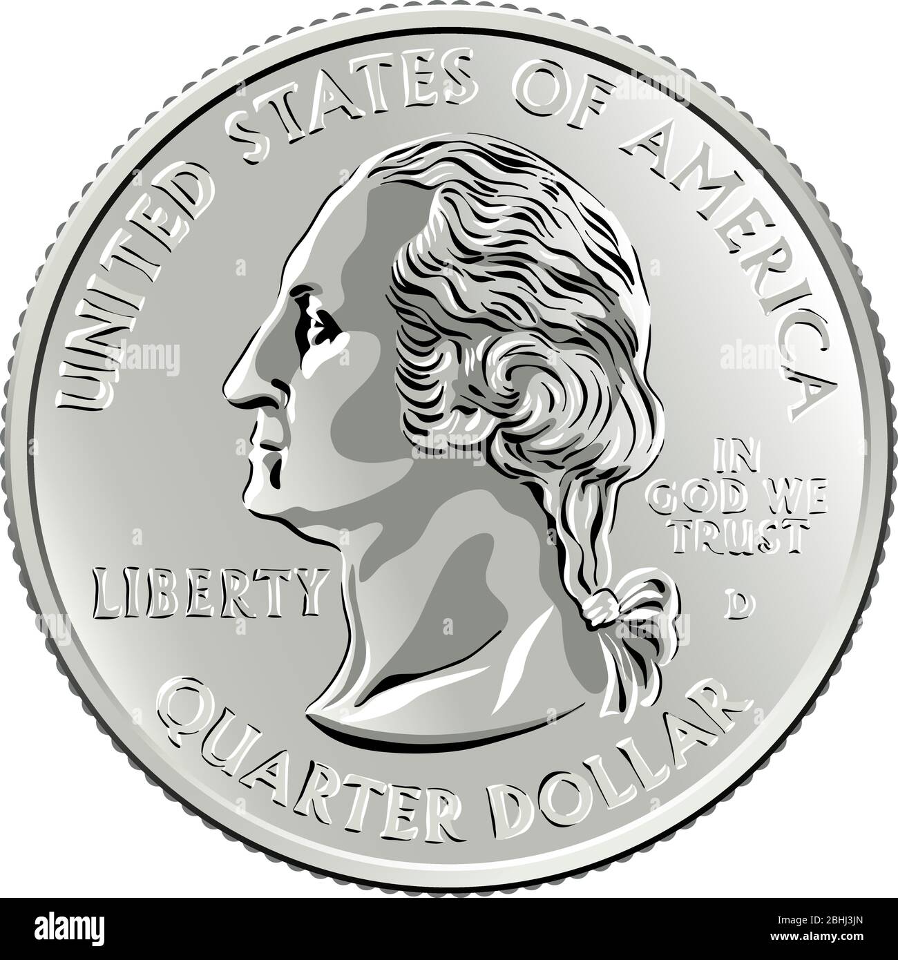 American money, United States Washington quarter dollar or 25-cent silver coin, first United States president profile George Washington on obverse Stock Vector