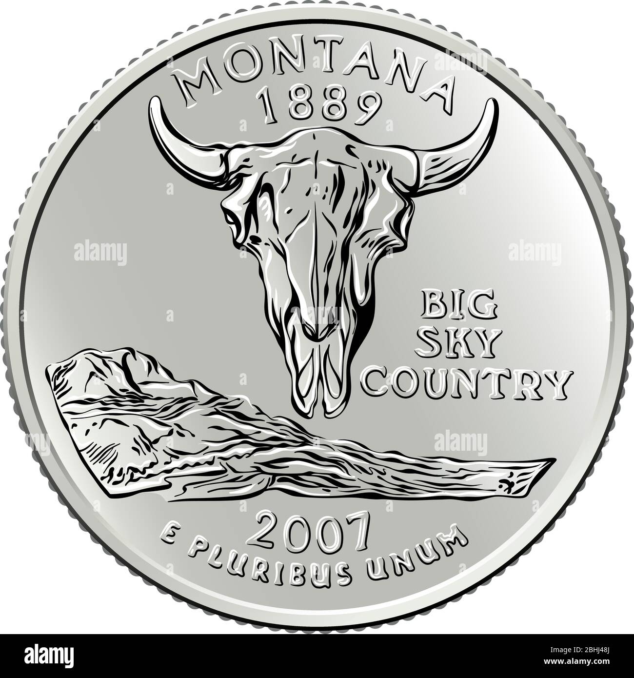 American money, United States Washington quarter dollar or 25-cent silver coin, American bison skull with mountains and the Missouri River on reverse Stock Vector
