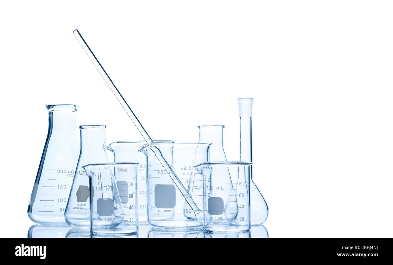 Realistic Glass Laboratory Equipment Set. Flasks and measuring beaker