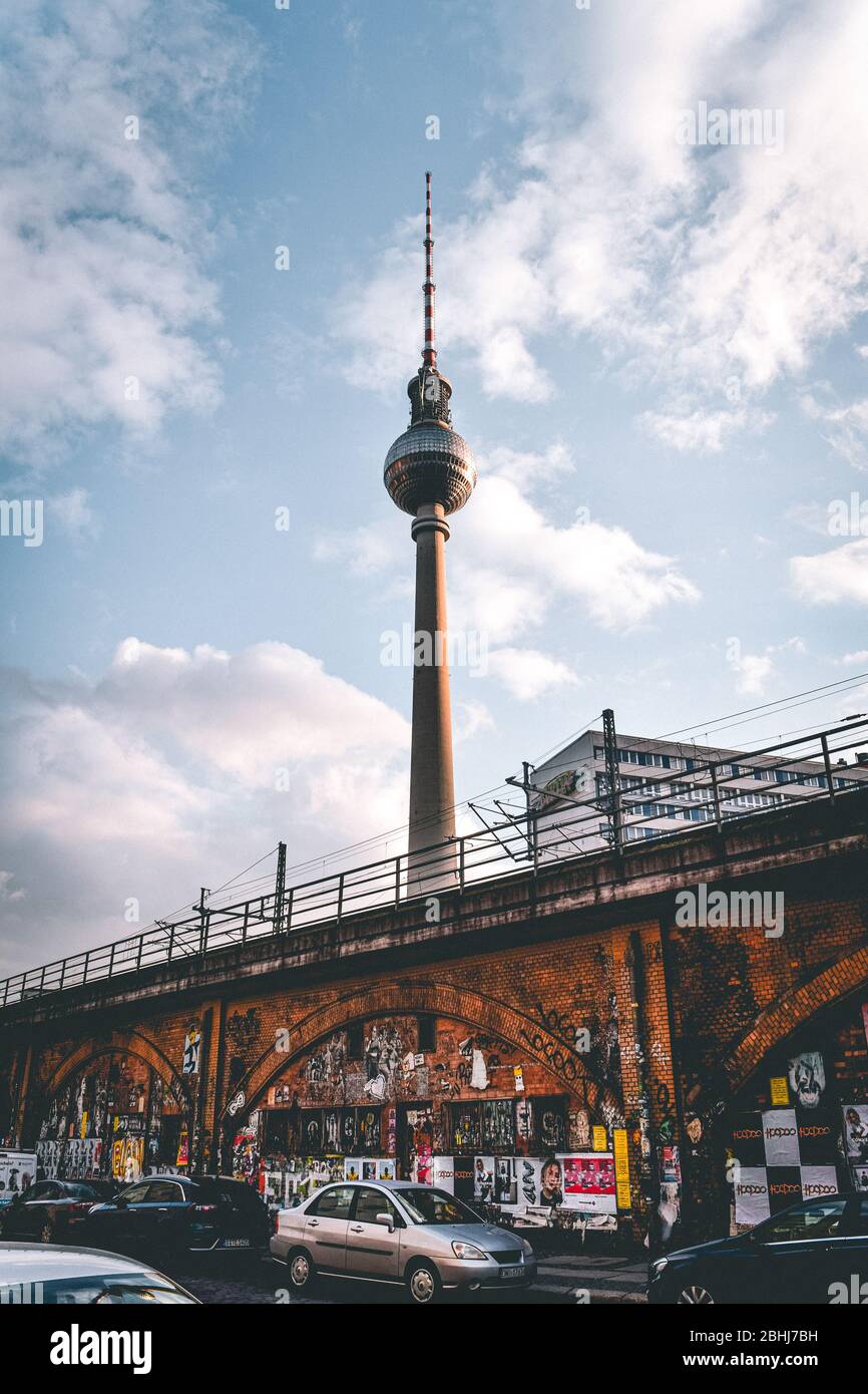 An urban view of Berlin's famous TV Tower, the Berliner Fernsehturm. Stock Photo