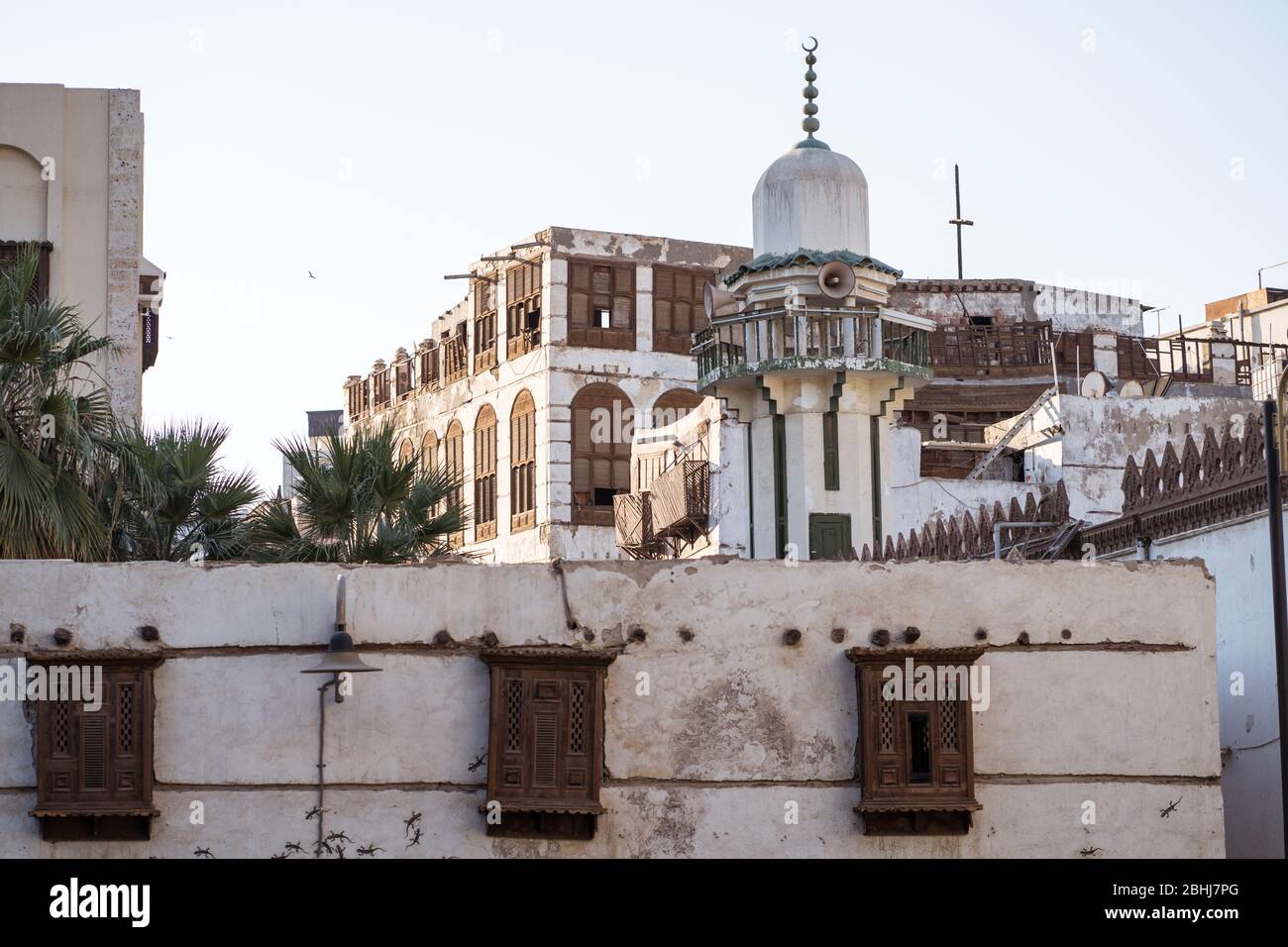 Jeddah / Saudi Arabia - January 16, 2020: old mosque with minaret in downtown Jeddah, Al-Balad unesco heritage Stock Photo