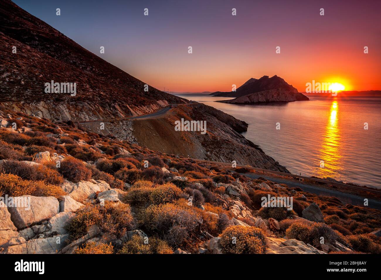 Road to Aegiale at Sunset, Amorgos island, Amorgos, Nasso, Greece, Cyclades islands, Southern Europe Stock Photo